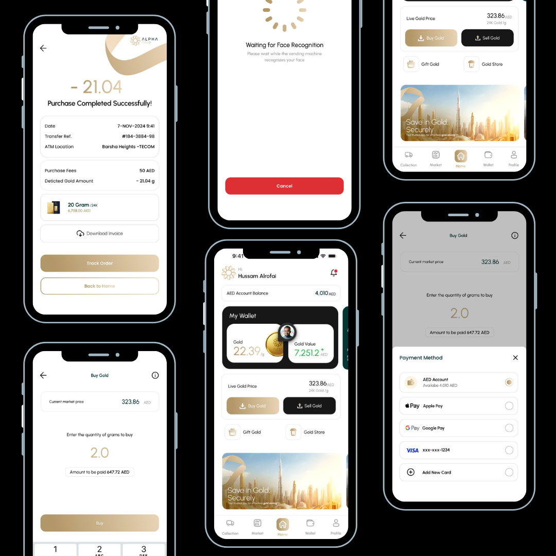 Alpha Gold Application mobile app screens