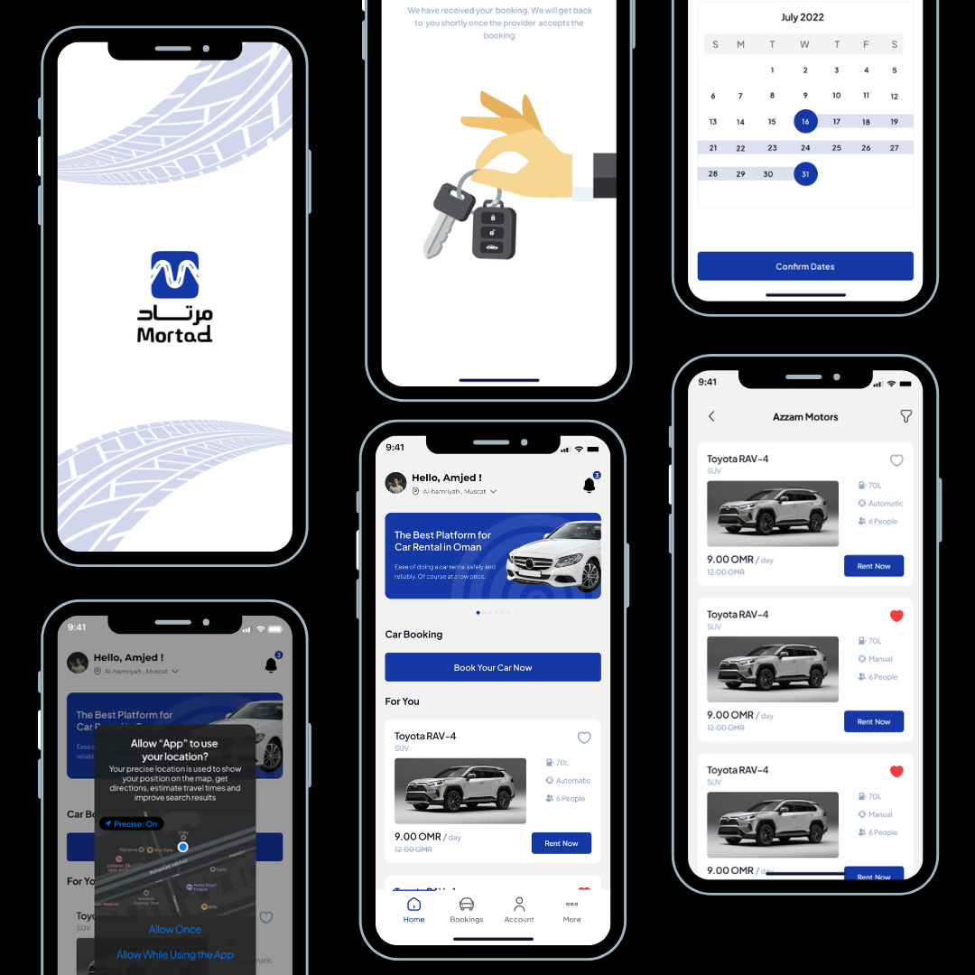 Mortad car rental platform mobile app screens